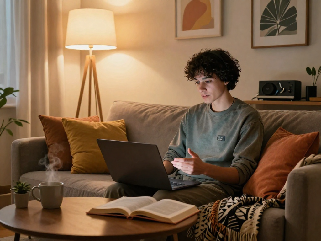 Engaging in an nsfw ai chat in a cozy home environment with warm lighting.