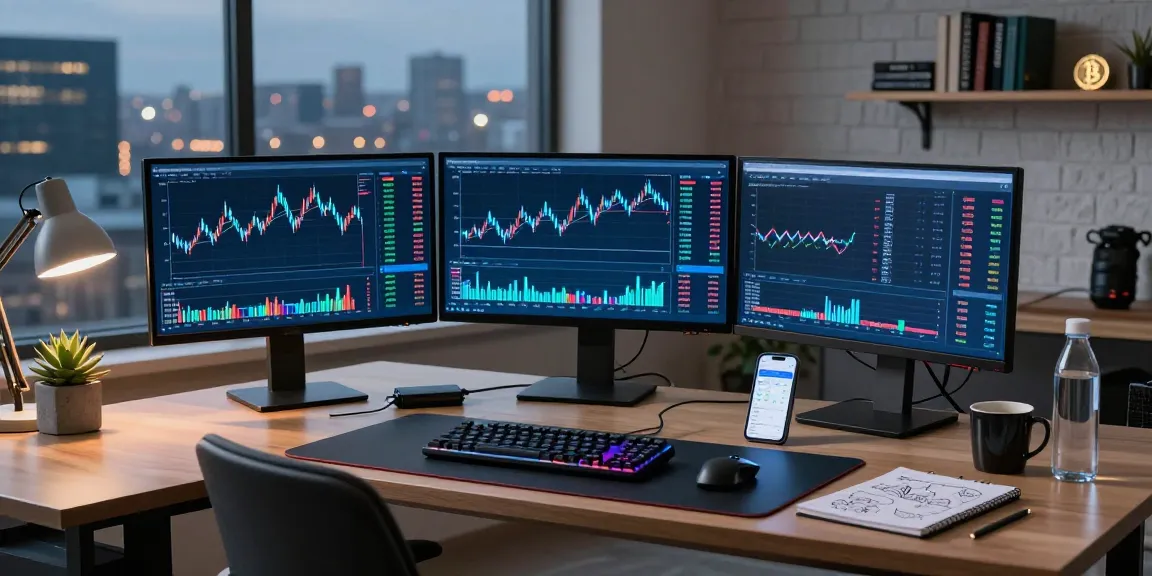تتبع المحفظة الرقمية في مساحة عمل حديثة للعملة المشفرة مع شاشات تعرض بيانات التداول.