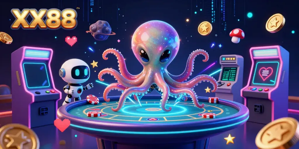 Experience dynamic gambling with the XX88 alien octopus at a holographic poker table surrounded by gaming elements.