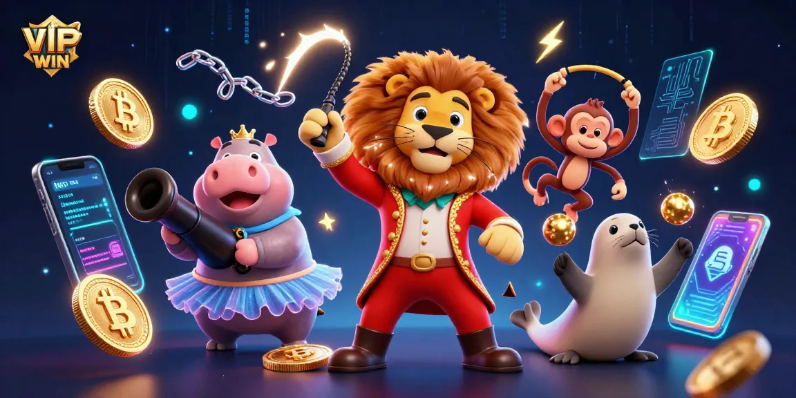 Experience VIPWIN’s thrilling games with a vibrant scene featuring a circus lion, hippo, monkey, and seal amidst rich, animated casino elements.