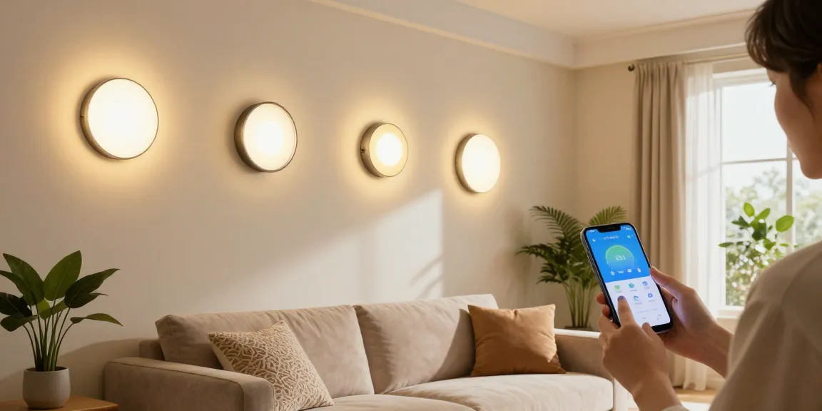 Aplice LED moderne pe perete într-un living stylish, persoană ajustând lumina cu smartphone-ul