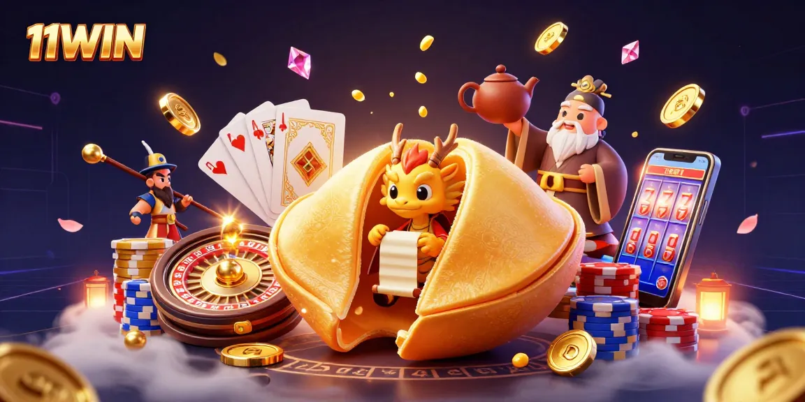 Experience excitement at 11WIN with a vibrant illustration of a golden fortune cookie and casino elements.