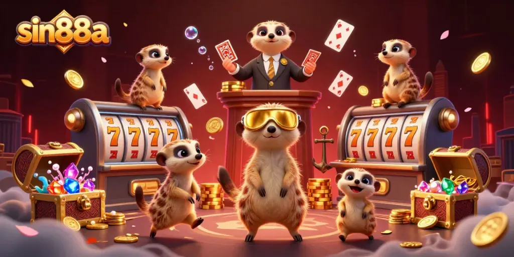 sin88a casino meerkats managing an exciting slot game operation amid vibrant visuals.