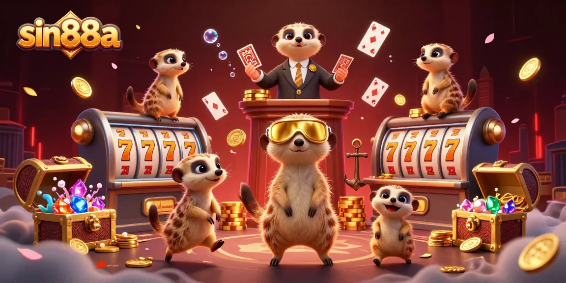 sin88a casino meerkats managing an exciting slot game operation amid vibrant visuals.