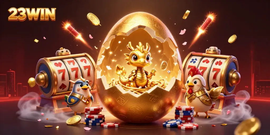 Engage with the captivating 23WIN scene featuring a golden dragon amidst sparkling poker chips and vibrant casino elements.