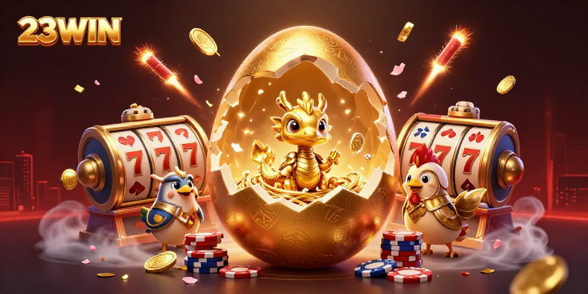 Engage with the captivating 23WIN scene featuring a golden dragon amidst sparkling poker chips and vibrant casino elements.