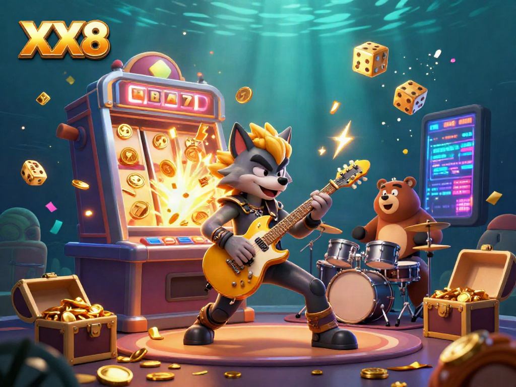 Experience thrilling gaming action with XX8 as a rock star wolf and drummer bear energize the casino stage.