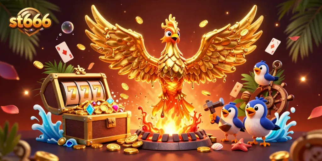 Experience thrilling st666 casino wins with a molten gold phoenix in a vibrant gambling scene.