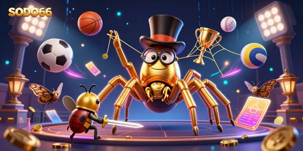 Experience the vibrant casino adventure at SODO66 with a captivating illustration of a golden tarantula weaving a web of riches.