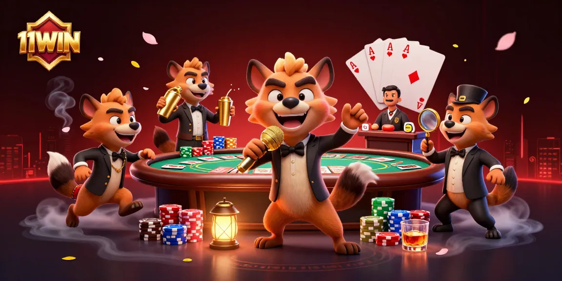 Experience excitement at 11WIN's vibrant casino atmosphere with hyenas mixing drinks and telling jokes.