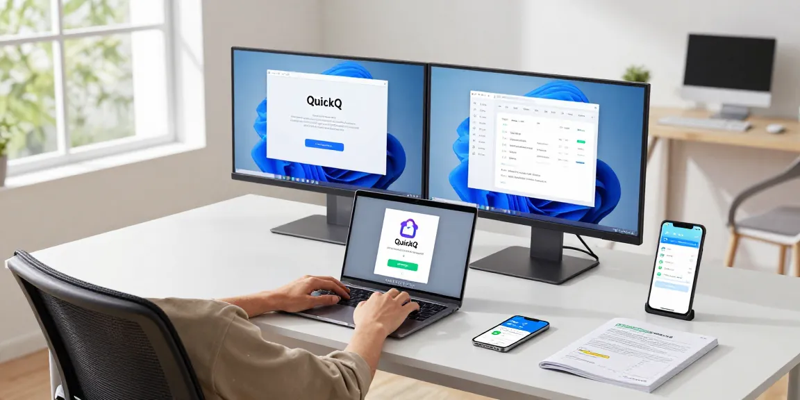 在现代工作室中展示quickq电脑版安装过程的开发者,周围环境明亮舒适。