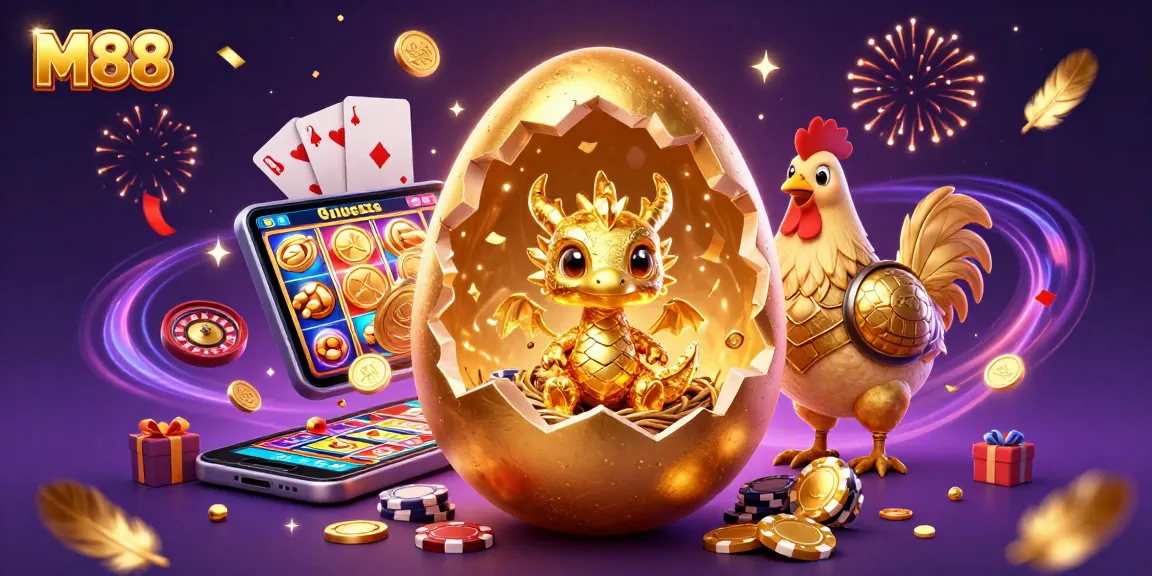M88 offers an exciting golden gaming experience with a dragon and poker chips amidst casino elements.