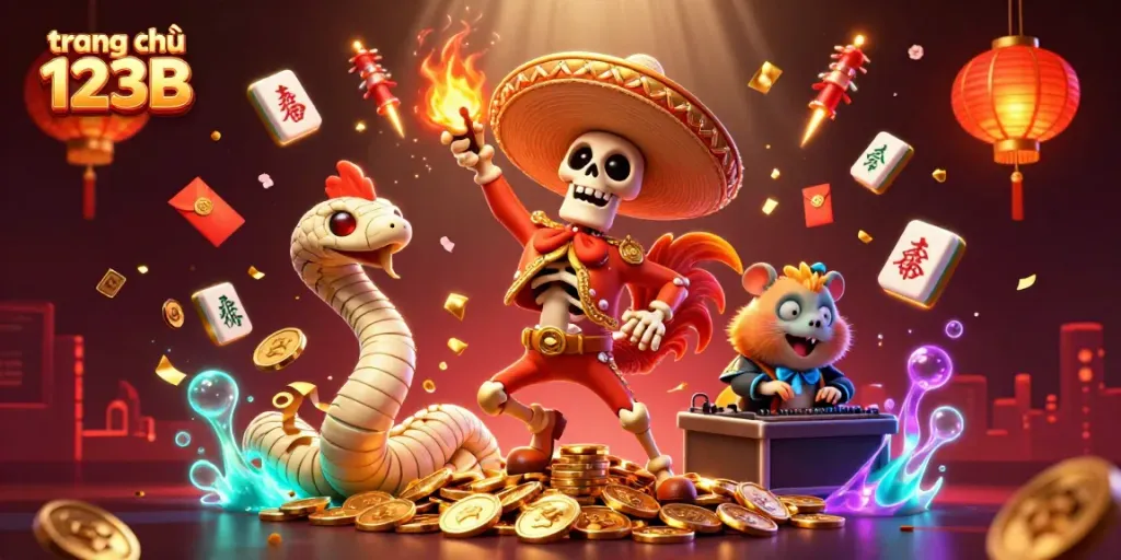 Experience the vibrant world of trang chủ 123B with a festive 3D illustration showcasing animated characters celebrating victory.