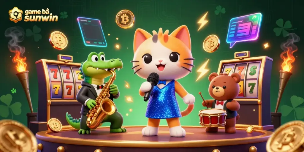 Engage with game bài sunwin in a vibrant 3D casino scene with animated characters and slot elements.