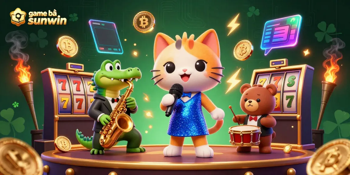 Engage with game bài sunwin in a vibrant 3D casino scene with animated characters and slot elements.