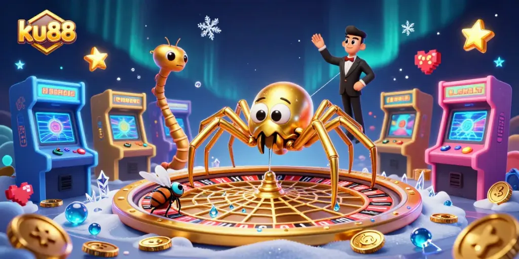 ku88 players betting on a vibrant roulette web as a golden spider weaves excitement in a dynamic casino scene