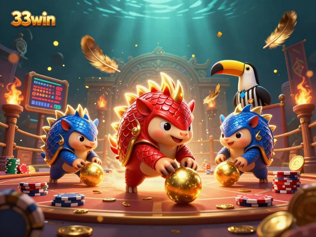 33win pangolins compete in a dynamic gambling scene, showcasing vibrant game elements and rich graphics.