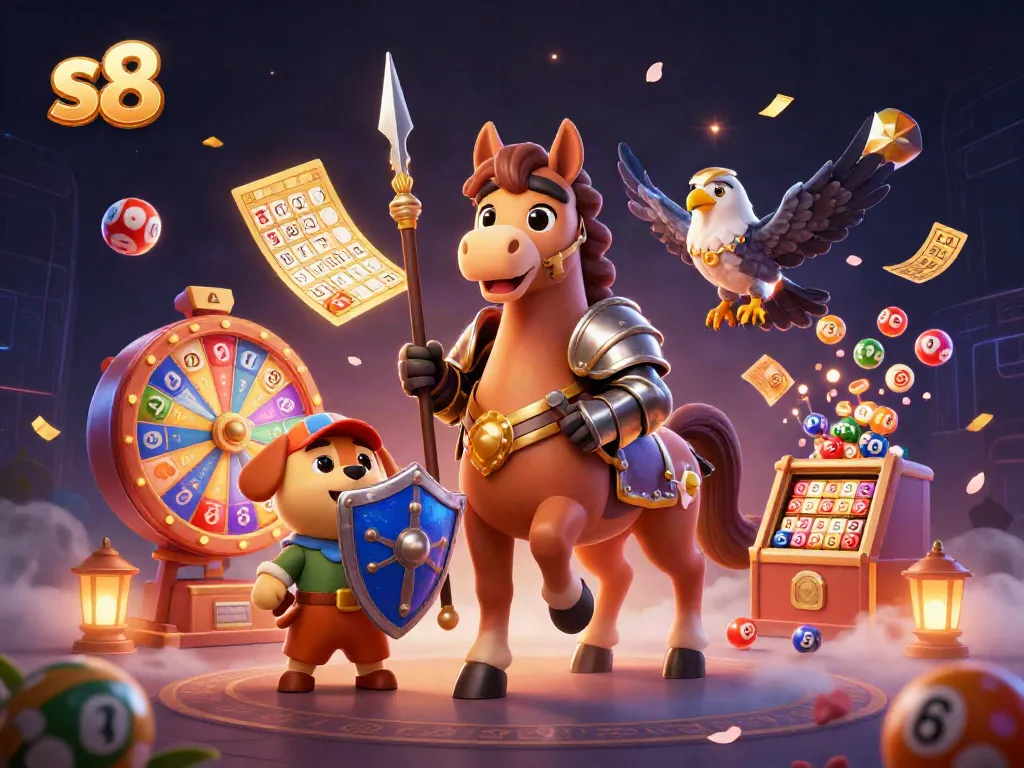 Experience thrilling games on S8 with a cartoon knight, puppy, and falcon amidst colorful lottery elements.