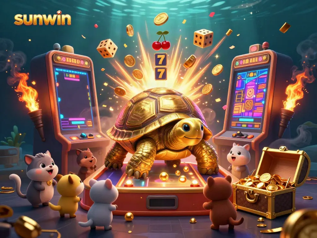 Engaging scene showing sunwin's dynamic casino experience with colorful slot machines and a golden tortoise as a pinball machine.