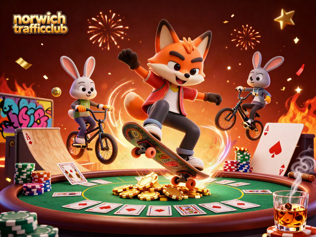 Engage with norwichtrafficclub through vibrant 3D cartoon casino illustration featuring dynamic characters and poker elements.