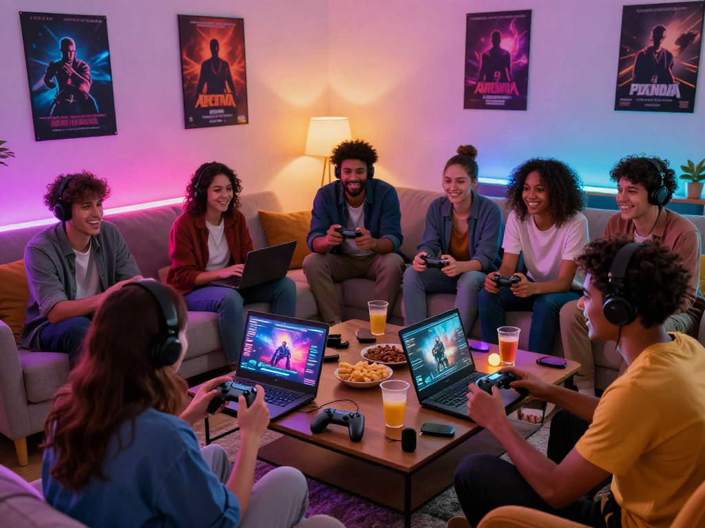 Friends enjoying porn games online in a cozy living room with snacks and gaming gear.