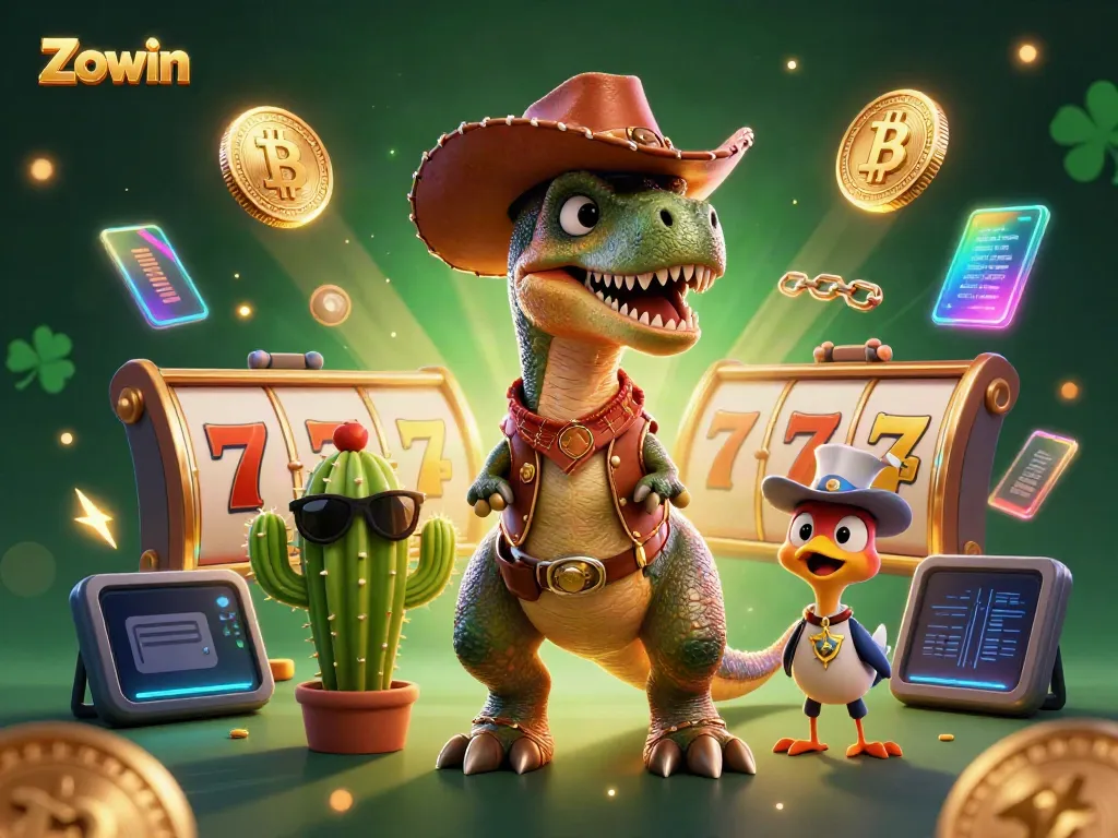 Experience thrilling spins at Zowin with a vibrant 3D casino scene featuring winning slots and characters.