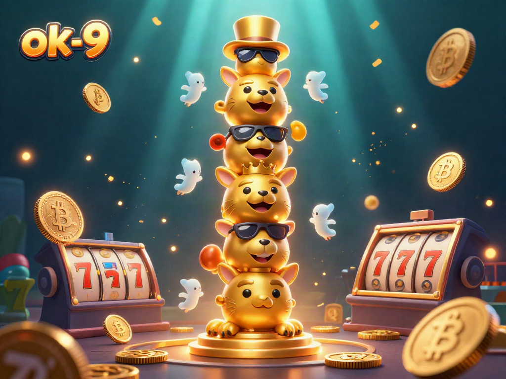 Spin the reels and win big at ok-9 with an enchanting golden totem and vibrant casino elements.