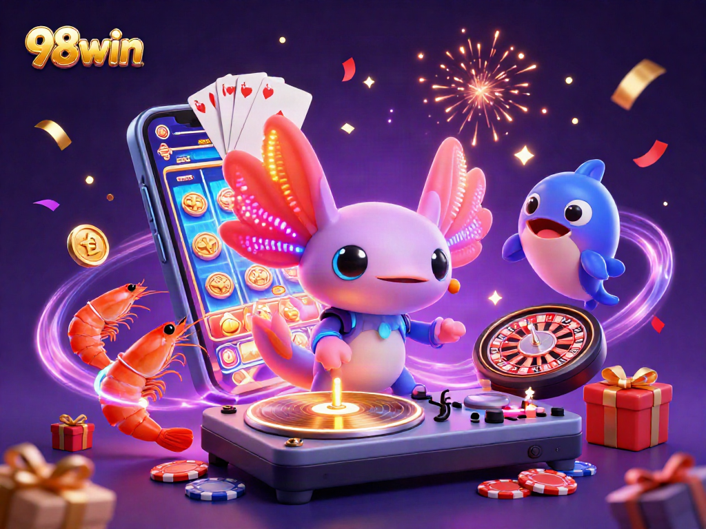 Join the vibrant 98win party with a DJ axolotl and epic gaming excitement!