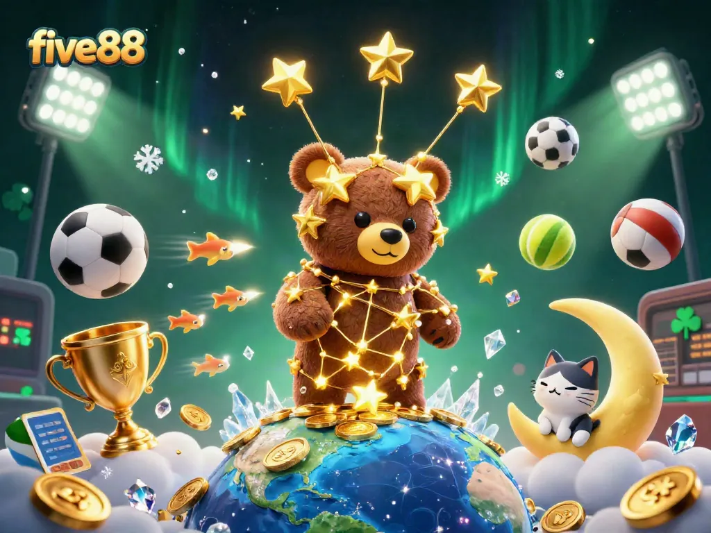 Experience the excitement at five88, where constellation bears scoop coins amidst thrilling sports and casino elements.
