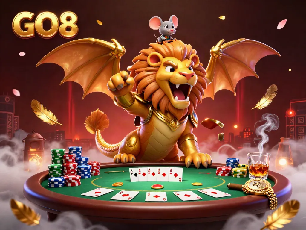 Experience the thrill of GO8 poker with a majestic chimera and a mouse jockey amidst lively gaming elements.