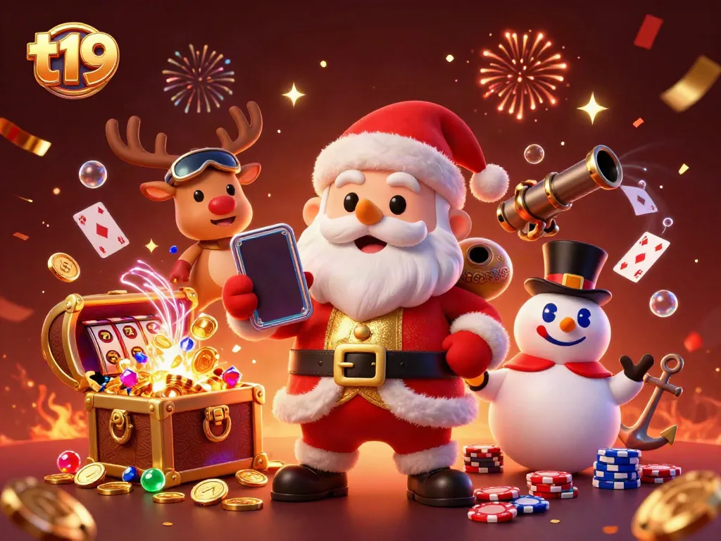Join the fun at t19 with Santa, his reindeer, and a snowman celebrating casino winnings in a vibrant 3D scene.