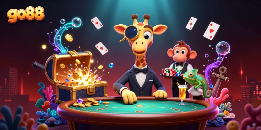 Engage with go88's vibrant gaming scene featuring a high-roller giraffe at a poker table with unique characters.