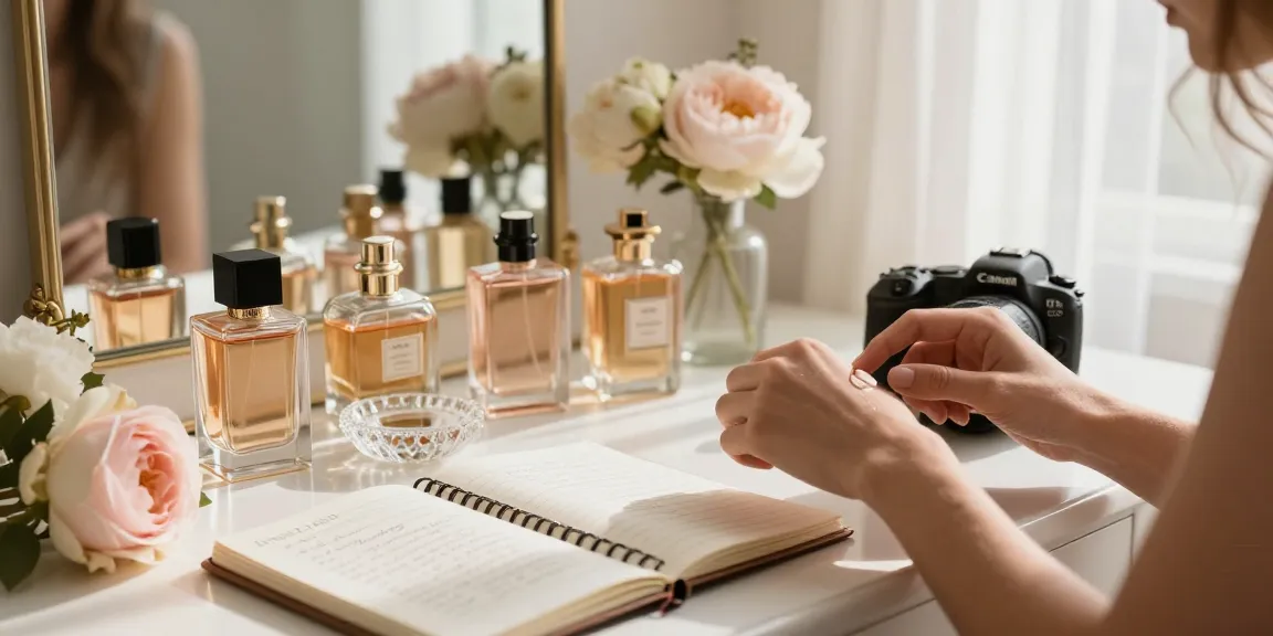 Applying perfume layering tips with various fragrances and flowers on a stylish vanity.