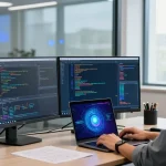 Innovative tech workspace showcasing juicy ai development with vibrant code, casual developer, and inspiring environment.