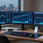 تتبع المحفظة الرقمية في مساحة عمل حديثة للعملة المشفرة مع شاشات تعرض بيانات التداول.