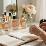 Applying perfume layering tips with various fragrances and flowers on a stylish vanity.