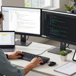 Build internal tools with AI in a vibrant software development workspace featuring dual monitors and implementation plans.