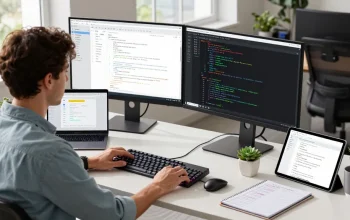 Build internal tools with AI in a vibrant software development workspace featuring dual monitors and implementation plans.