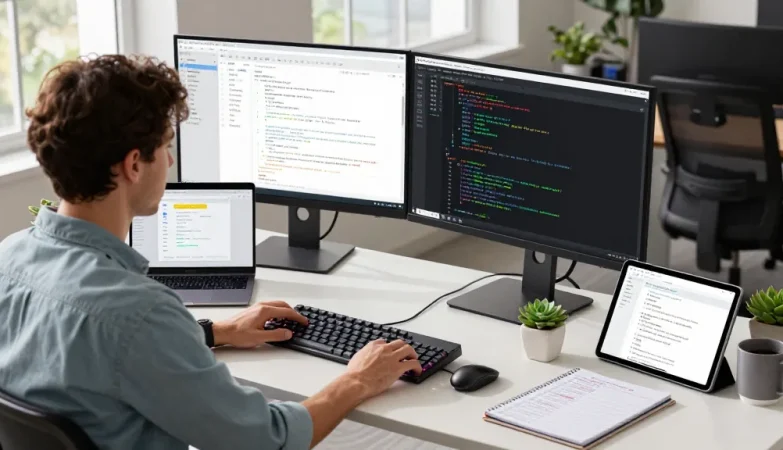 Build internal tools with AI in a vibrant software development workspace featuring dual monitors and implementation plans.