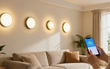 Aplice LED moderne pe perete într-un living stylish, persoană ajustând lumina cu smartphone-ul