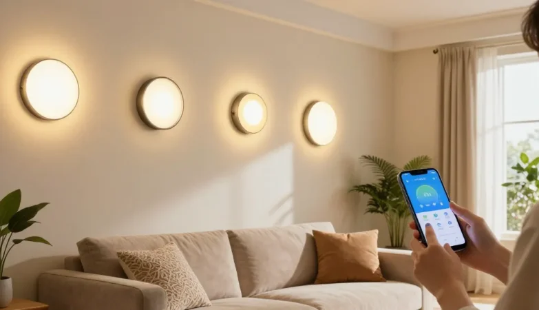 Aplice LED moderne pe perete într-un living stylish, persoană ajustând lumina cu smartphone-ul